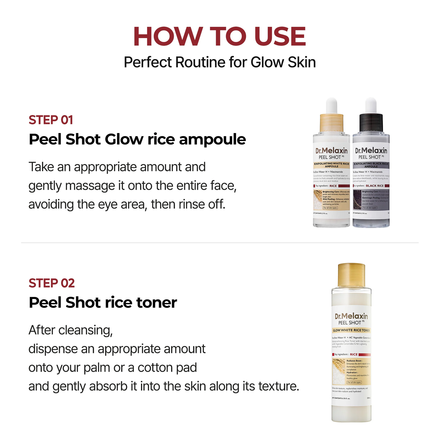 Dr.Melaxin Officiall Peel Shot Glow RiceAmpoule Duo -Serums for BrighteningExfoliating, and Moisturizing - Suitable for All Skin Types