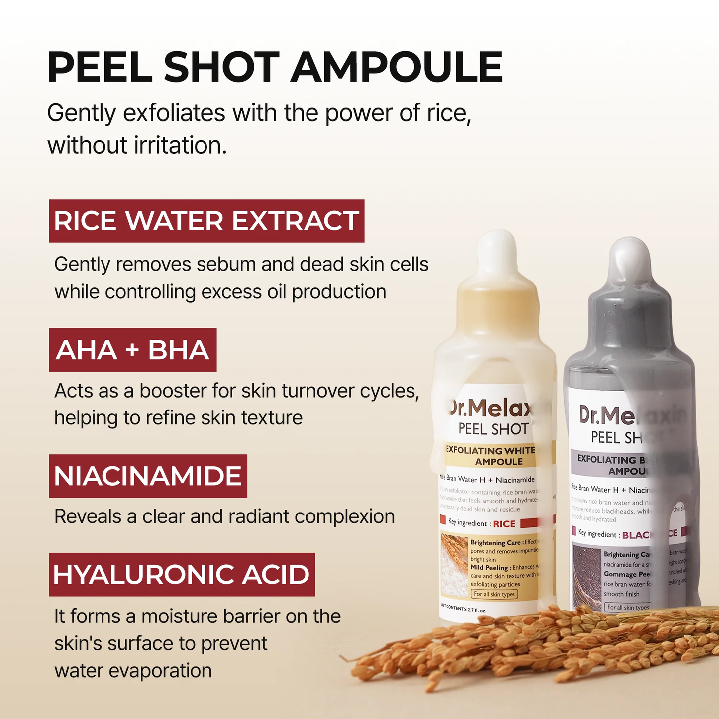 Dr.Melaxin Officiall Peel Shot Glow RiceAmpoule Duo -Serums for BrighteningExfoliating, and Moisturizing - Suitable for All Skin Types