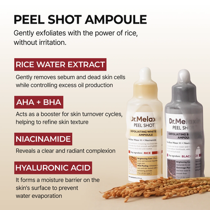 Dr.Melaxin Officiall Peel Shot Glow RiceAmpoule Duo -Serums for BrighteningExfoliating, and Moisturizing - Suitable for All Skin Types